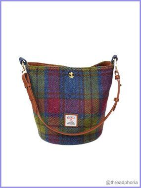 Harris Tweed Bucket Bag Shoulder Handbag Microfiber-leather Strap Women